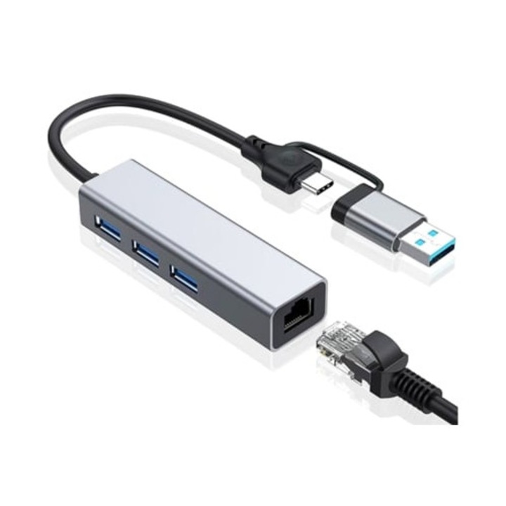 USB-Ethernet adapter, USB 3.0 hub, 1 Gigabit Ethernet port, szürke színű, laptophoz
