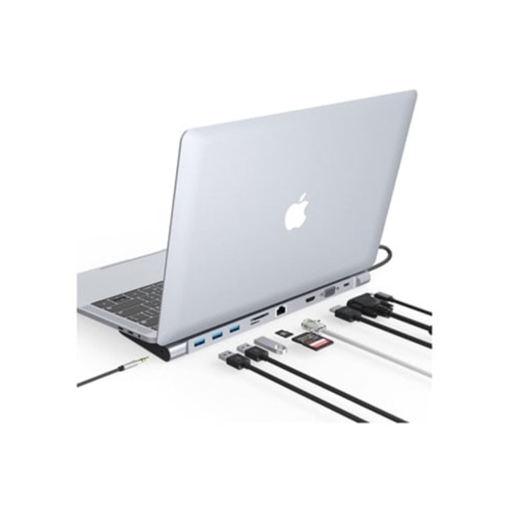 Statie de andocare 10 in 1, dual display, hub USB-C, gri, pentru laptopuri