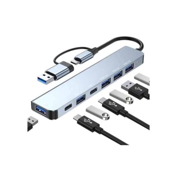 7 az 1-ben USB-C hub, 4 USB-C port, 2 adatport, Gusshious