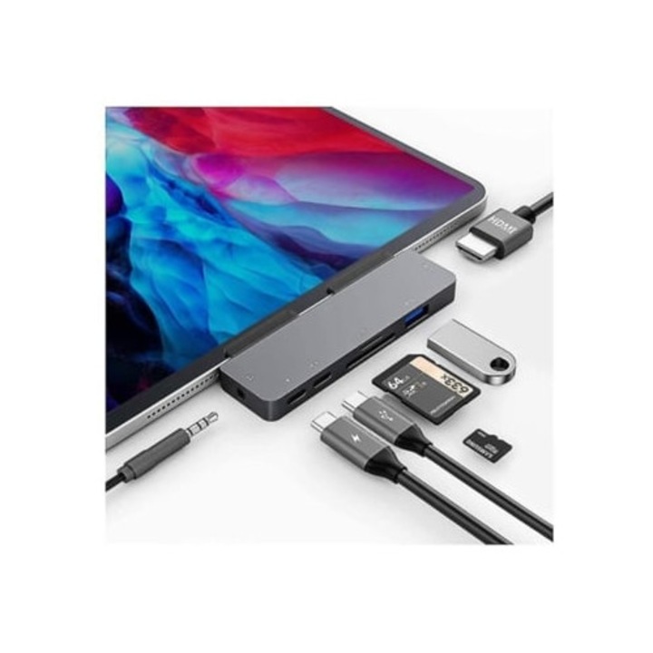 USB C hub 7 az 1-ben, 4K HDMI, 3,5 mm-es jack, iPad Pro 2021 2020 2018, iPad Air