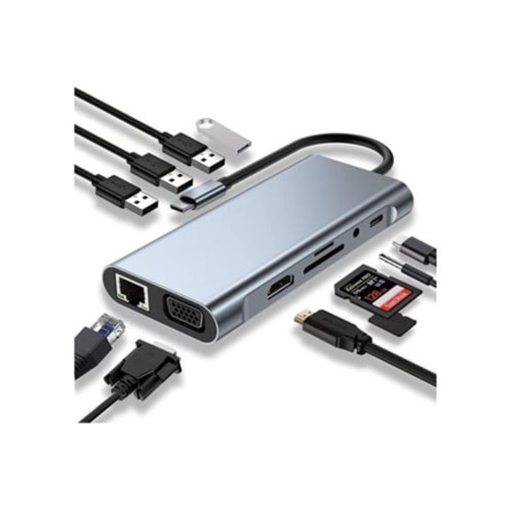 Gusshious USB C Hub, 4K HDMI, VGA, USB 3.0, RJ45, SDTF kártyaolvasó, fekete