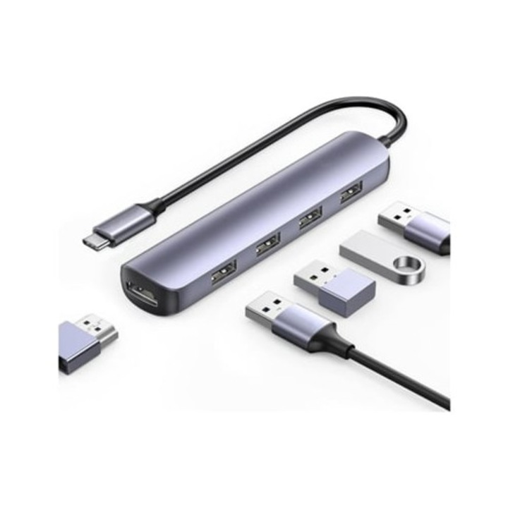 Hub USB C 5 az 1-ben HDMI 4K-val, Gusshious, szürke, ultravékony