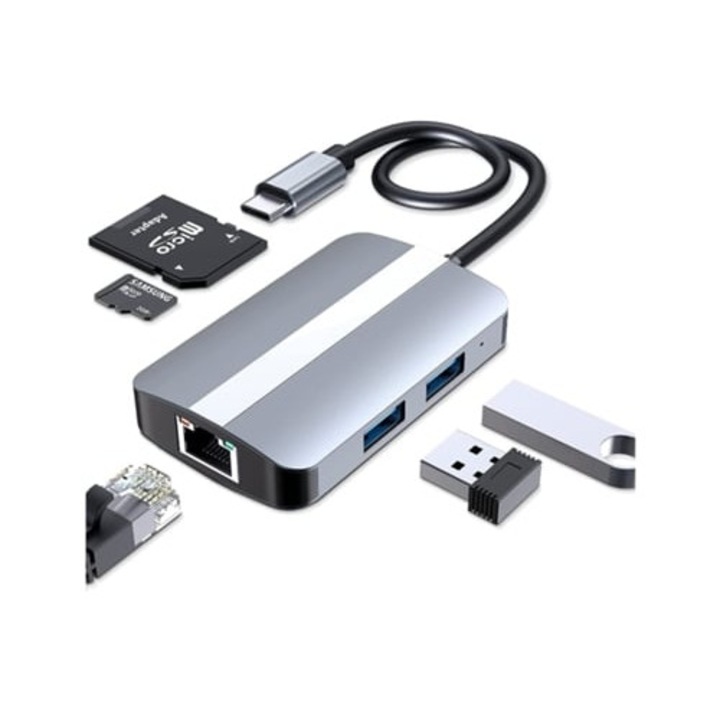 Hub USB C 5 az 1-ben, multiport adapter, Ethernet RJ45, SDTF kártyaolvasó, szürke