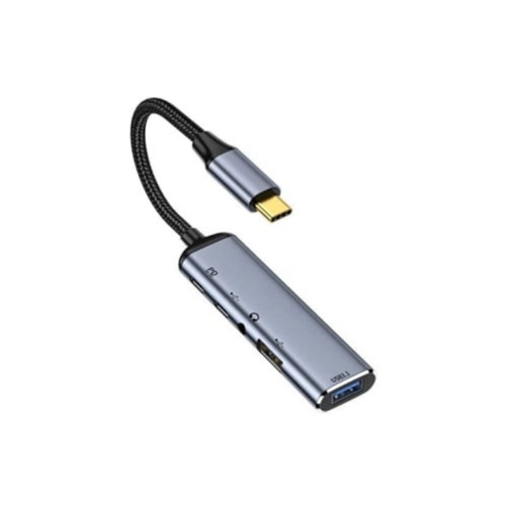 Adaptor multiport USB C la audio 3.5mm, 2x USB 3.0, 100W, gri
