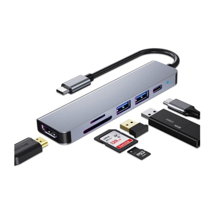 Hub USB C 6 az 1-ben HDMI 4K-val, szürke, MacBook Pro és Air számára