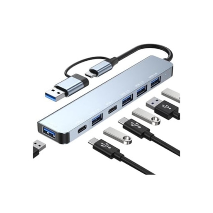 USB C Multiport Hub 2 USB C porttal, 4 USB 2.0 porttal, 1 USB 3.0 porttal, táblagéphez és laptophoz