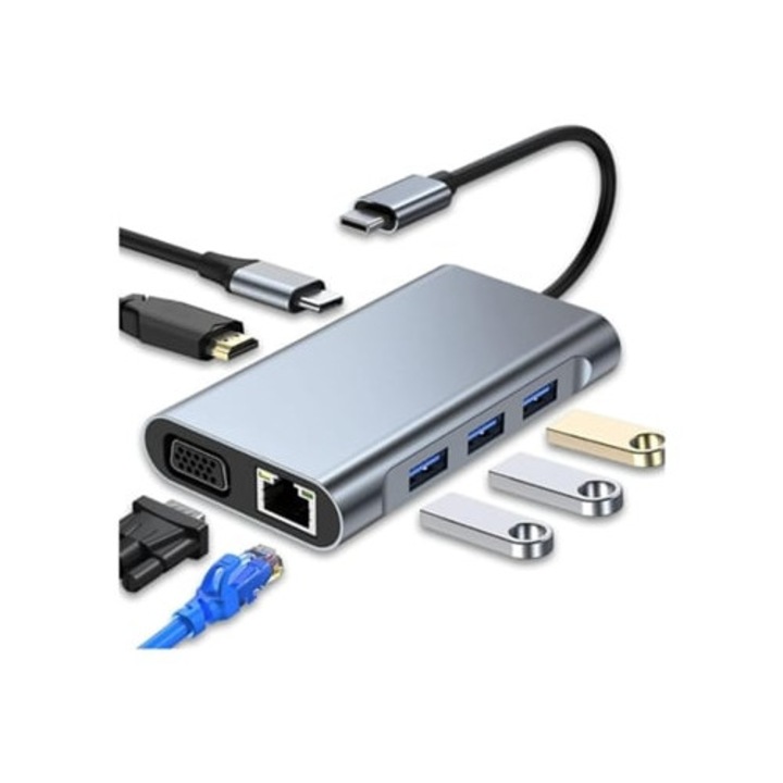 USB C 7 az 1-ben Gusshious hub HDMI 4K, VGA, USB 3.0, Ethernet RJ45 csatlakozókkal, szürke