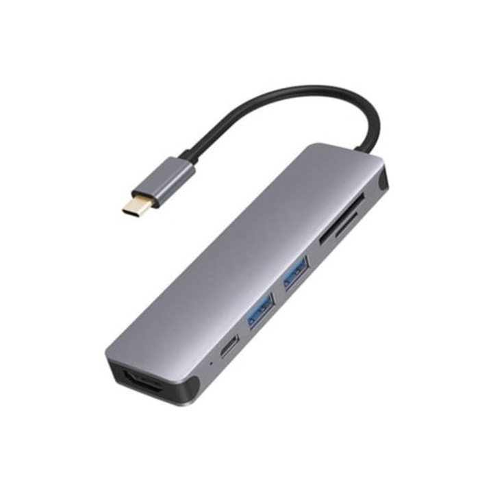 USB-C elosztó 6 az 1-ben, 4K, USB-C-HDMI, szürke