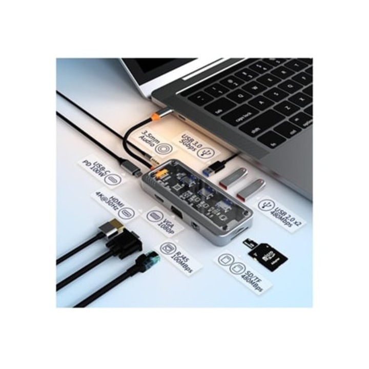 Hub USB C 10 az 1-ben, HDMI, USB3.0, USB2.0, RJ45, VGA, PD, SD, TF, Audio