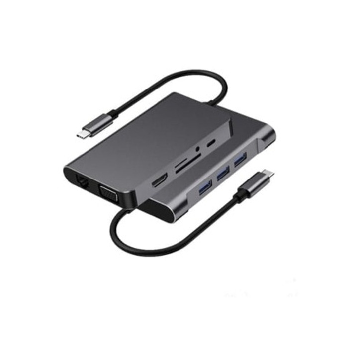 Хъб USB-C 10 в 1, HDMI, VGA, Ethernet адаптер, 3 USB, сив