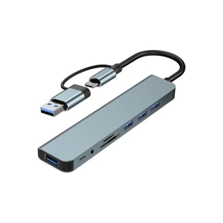 USB-C hub 4 USB-A porttal, SD/TF kártyaolvasóval, 3.5mm jackkel