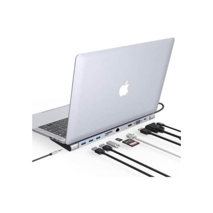Statie de andocare USB C 10-in-1, pentru laptop cu ecran dublu, gri, dimensiuni compacte