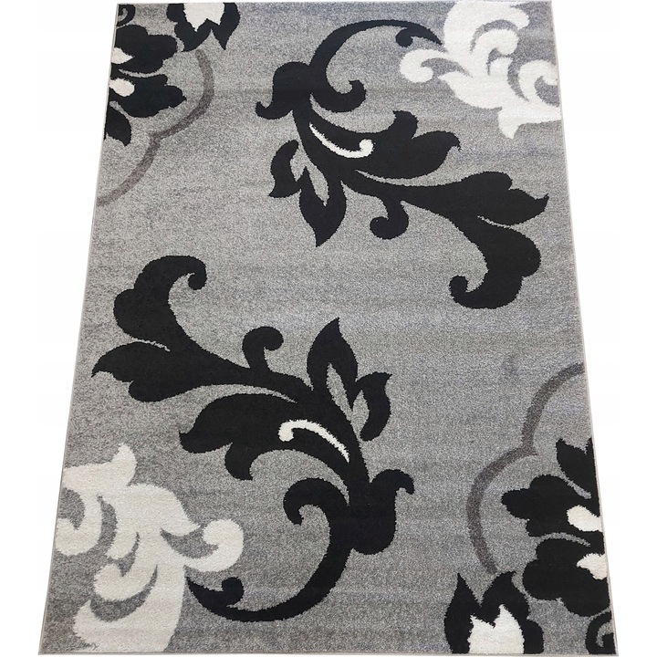 Covor, 60x120 cm, floral, gri, fir scurt, pentru incalzire prin pardoseala, prietenos cu alergicii, 1650g/m2, polipropilena frise, Certificat Oeko-Tex