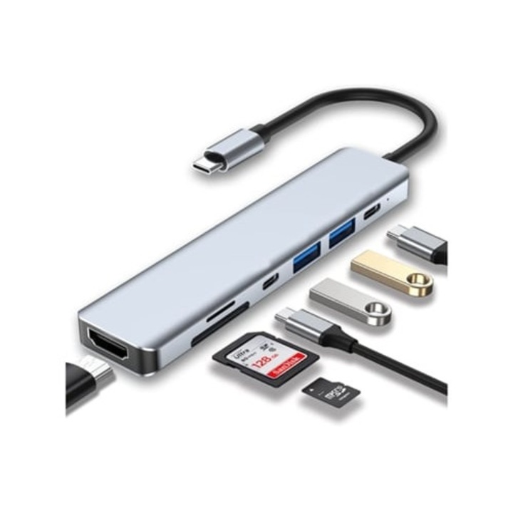 USB C hub 7 az 1-ben, USB C adapter 4K HDMI-vel, két USB-C port, USB 3.0 SD/TF kártyaolvasó, szürke