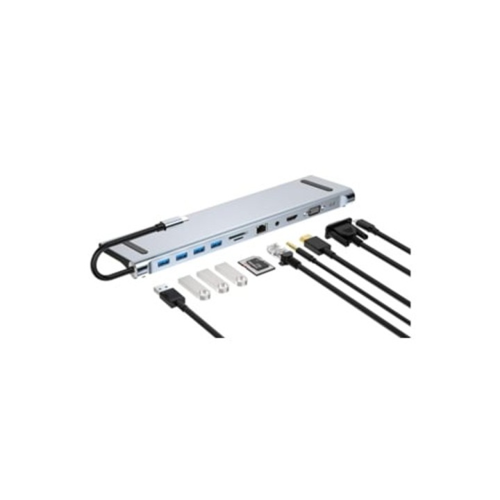 USB C elosztó, 10 az 1-ben, 4K HDMI, VGA, 87W PD, 5Gbps USB 3.0/2.0, RJ45 Ethernet, SD/TF kártyaolvasó