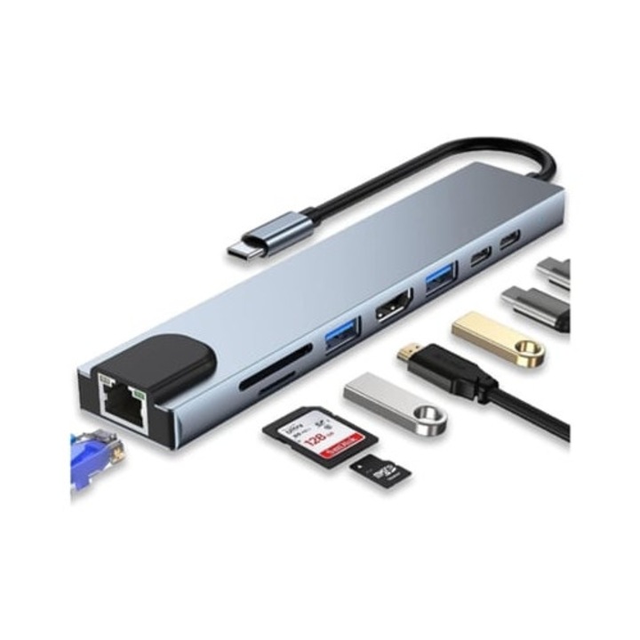 USB C Hub 7 az 1-ben, 100W PD, 4K HDMI adapter, 1 db USB 3.0 port, 2 db USB 2.0 port, SD/TF kártyaolvasó, szürke