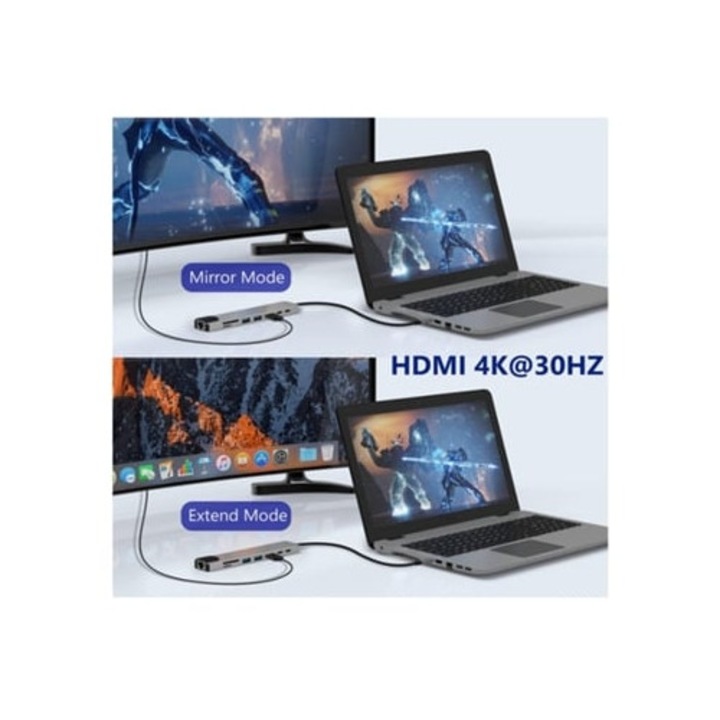 USB C hub 8 az 1-ben, 4K HDMI, 2 USB 3.0 port, ezüst