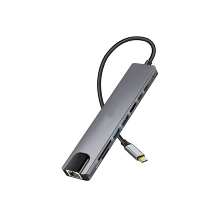 8 az 1-ben USB C hub, USB C–HDMI többportos adapter, 4K, szürke