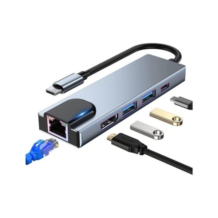 Gusshious 5 az 1-ben USB C Hub, 4K HDMI, Ethernet RJ45, 100W PD, fekete