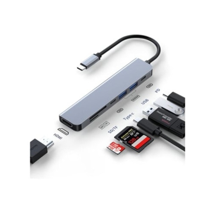 USB C Hub 7 in 1, többportos adapter, dokkolóállomás, SD/TF kártyaolvasó, szürke