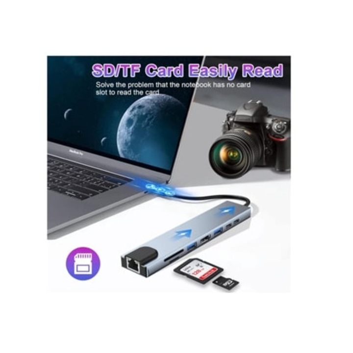 Хъб USB C 6-в-1 за Macbook Pro, 4K HDMI, четец за SD карти, сив