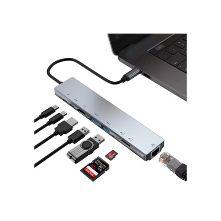 USB C 9 az 1-ben hub Ethernet-tel és 4K HDMI-vel, szürke