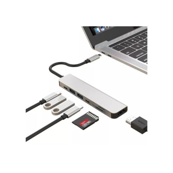 USB C elosztó, adapter, HDMI 4K 60Hz, 87W tápellátás, 2 port, SD/TF kártyaolvasó