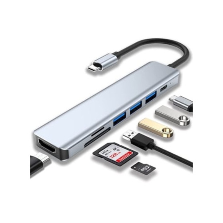 USB-C elosztó 7 az 1-ben, HDMI 4K, 100 W, SD/TF kártyaolvasó