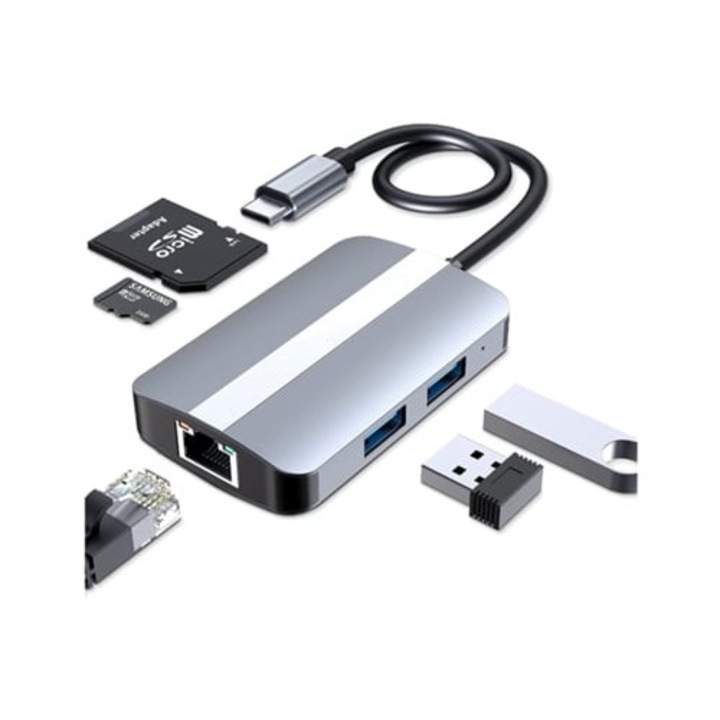 USB C 5 az 1-ben hub, multiport adapter, Ethernet RJ45, SD/TF kártyaolvasó, ezüst