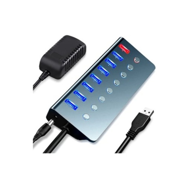 USB C hub 7 portos USB 3.0-val, intelligens szállítóállvány, 5V3A hálózati adapter, fekete