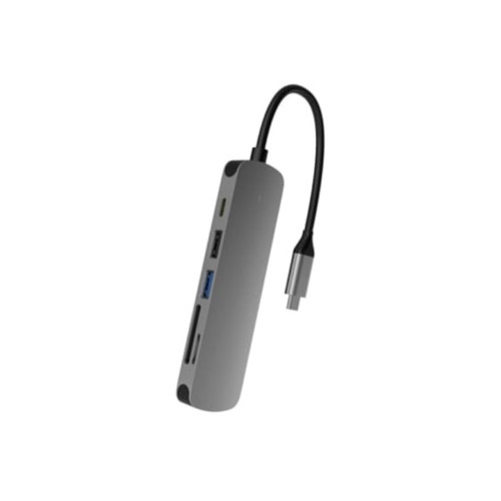 Hub USB C Gusshious T459 dokkolóállomás 6 az 1-ben, USB 3.0 port, HDMI 4K port, SD/TF kártyaolvasó, fekete