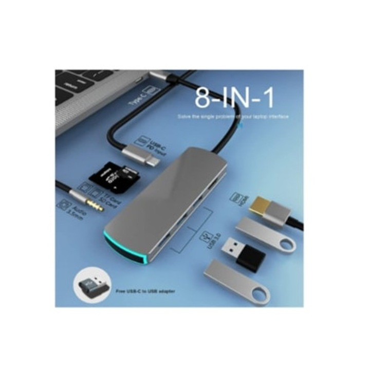 8 az 1-ben USB-C hub, USB-C-HDMI többportos adapter, kompatibilis laptopokkal, készlet