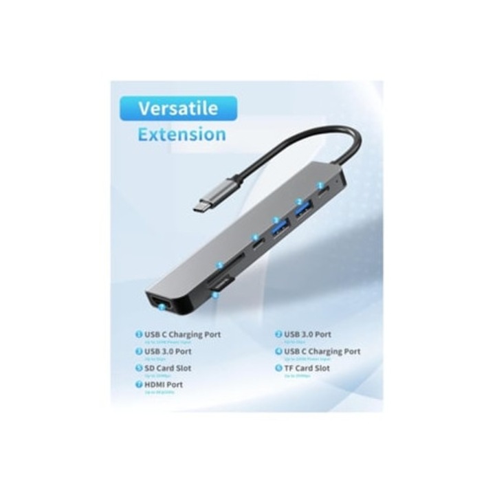 Statie de andocare 7-in-1, 100W, 4K HDMI, 3 porturi de date 5Gbps, 1 USB-C, 2 USB 3.0, cititor carduri TF/SD, gri