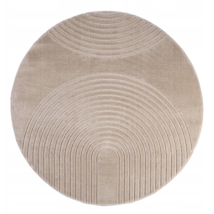 Covor rotund, KORDOBA, 200 cm, Geometric, reliefat, bej, fir scurt, pentru incalzire prin pardoseala, prietenos cu alergicii, efect 3D, 1750g/m2, polipropilena frise, Certificat Oeko-Tex