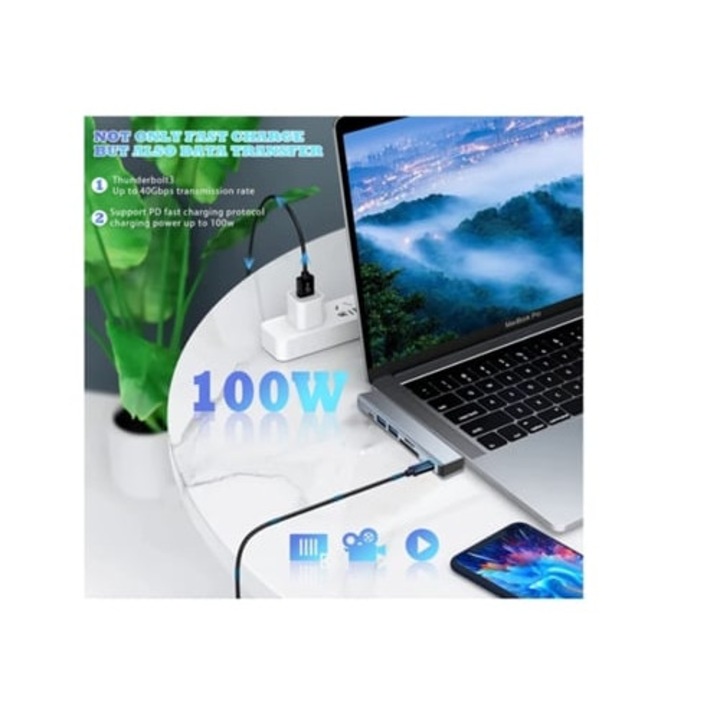 USB-C 7 az 2-ben hub, 4K HDMI adapter, USB 3.0 kártyaolvasó, 100 W, szürke