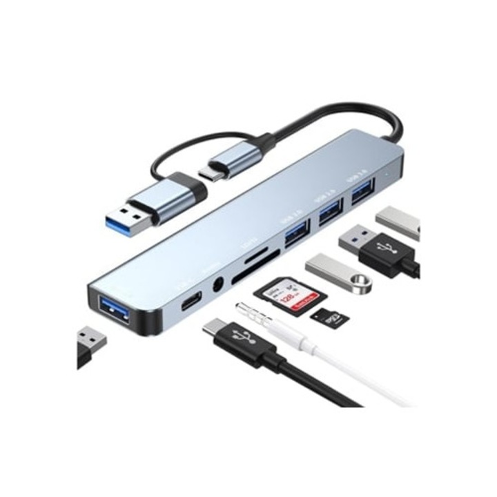 USB-C hub 8 az 1-ben, 4 USB-A port, SD/TF kártyaolvasó, fejhallgató jack
