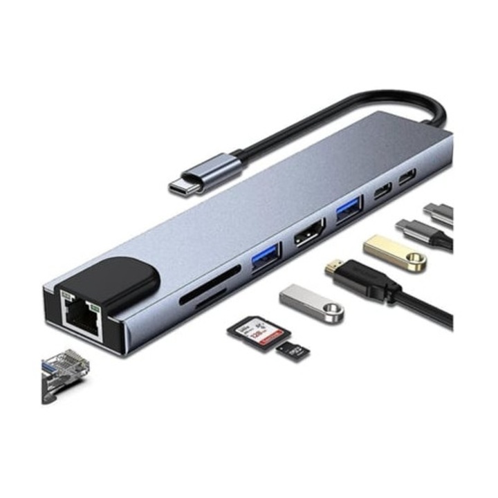 USB C elosztó 8 az 1-ben 4K HDMI, USB-A 3.0, RJ45 Ethernet, MacBookhoz