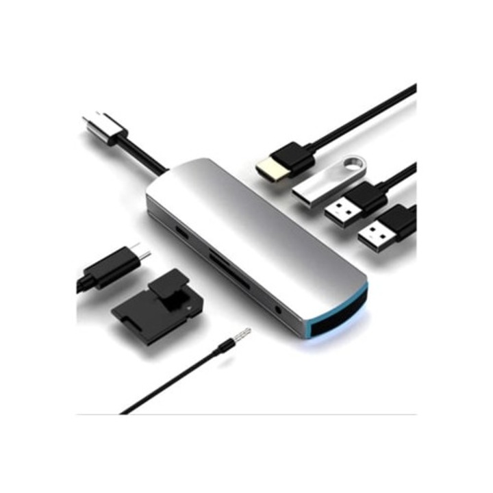 Hub USB Type-C 8 az 1-ben, 4K, 3 db USB 3.0 port, TFSD kártyaolvasó, Gusshious