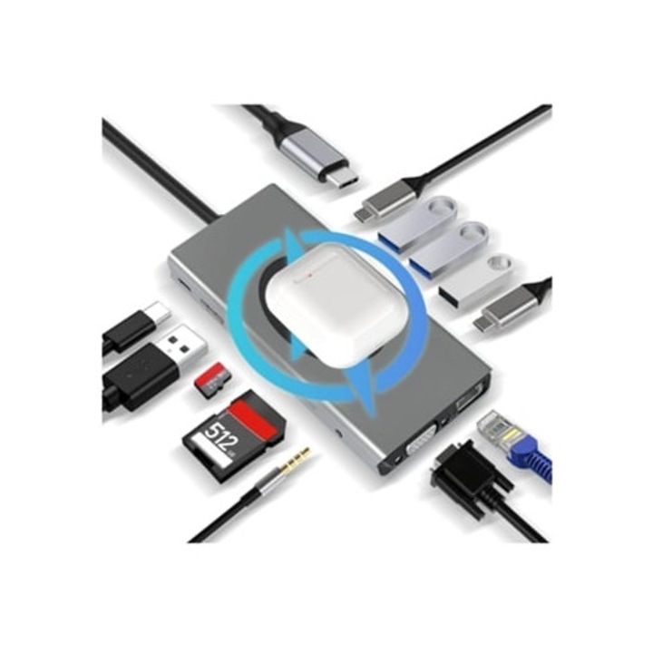 C típusú USB hub 13 az 1-ben, 4K HDMI, VGA, Ethernet RJ45, 2 USB 3.0, SD/TF, Aux 3.5mm, szürke