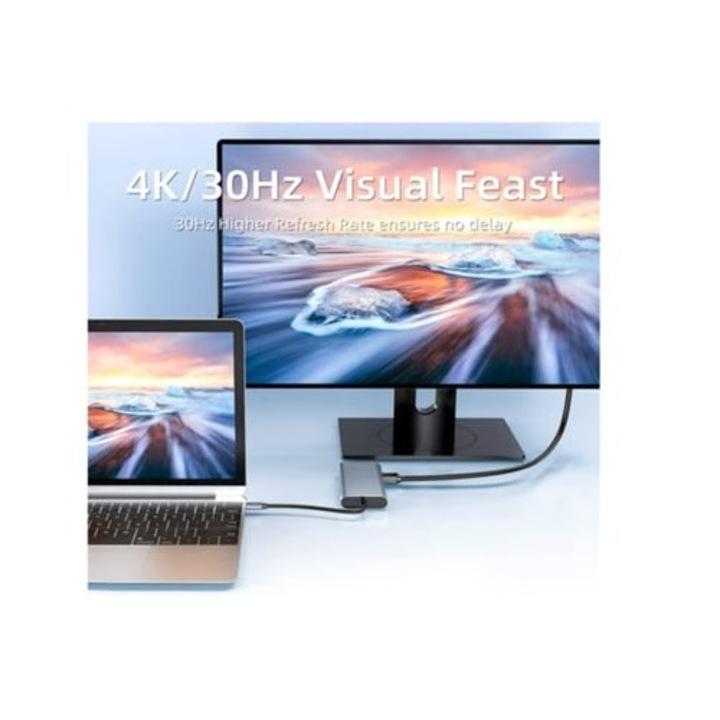 Hub USB C Gusshious 2110c dokkoló 10 az 1-ben, 4K HDMI, VGA, USB 3.0, 100W PD, Ethernet RJ45, SD/TF kártyaolvasó, fekete