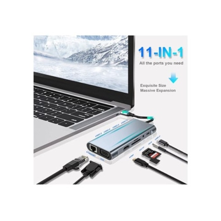 Statie de andocare USB C, 11 in 1, 4K HDMI, VGA, USB 3.0, gri