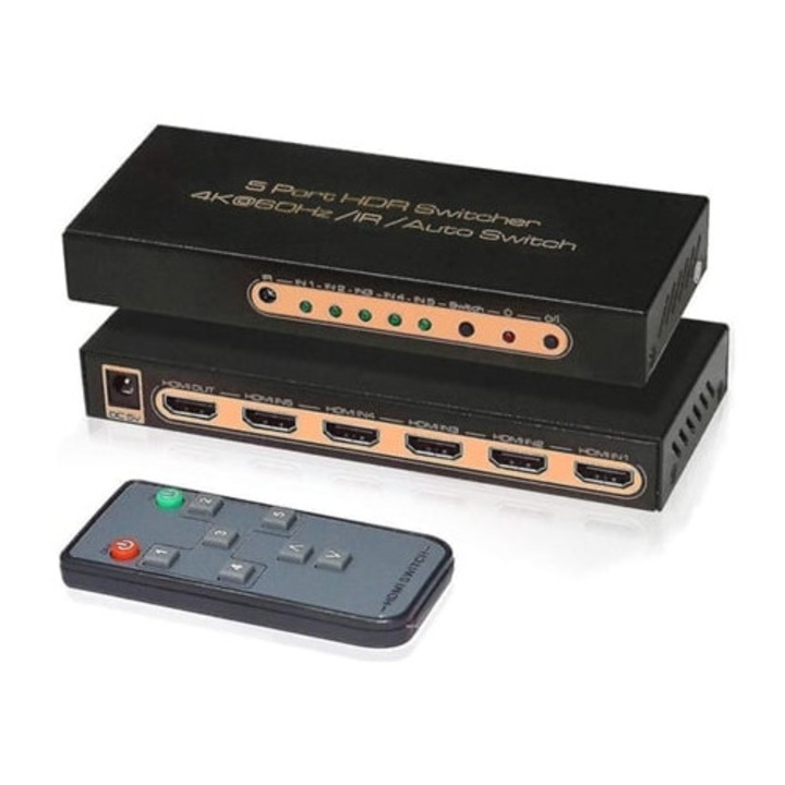 HDMI 4K 60Hz 5x1 kapcsoló, 5 bemenet, 1 kimenet, infravörös vezérlés, HDCP 2.2, Gusshious