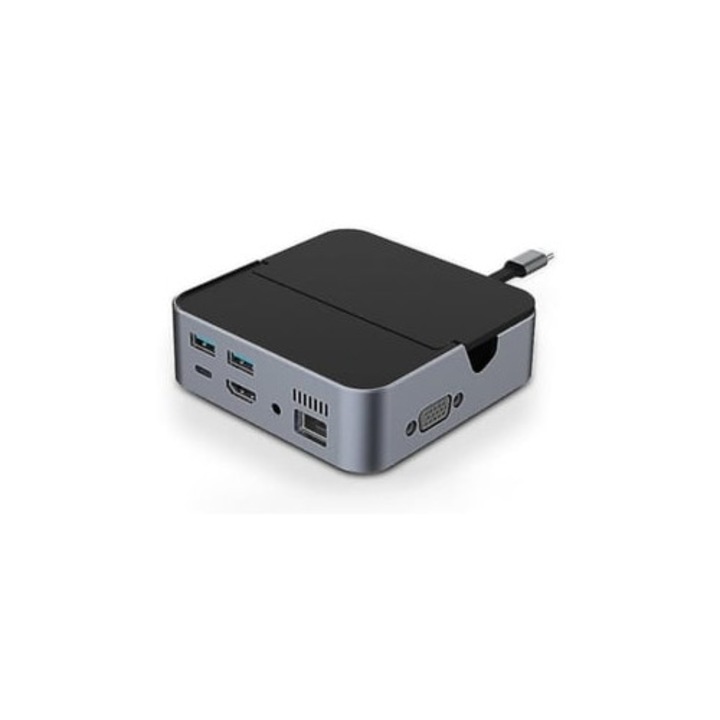 USB-C elosztó 9 az 1-ben, HDMI, VGA, USB 3.0, RJ45, SD/TF, 3.5mm audio csatlakozással, fekete