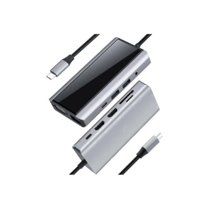 Gusshious USB-C elosztó, 2 USB-A 3.1, 1 USB-C 3.1, 1 SD, Ethernet 1000M, VGA, Audio 3.5mm