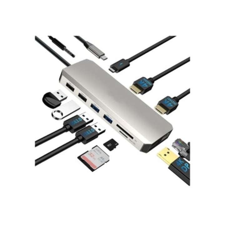 Хъб USB C 12 в 1, докинг станция за лаптоп, 3 монитора, сив