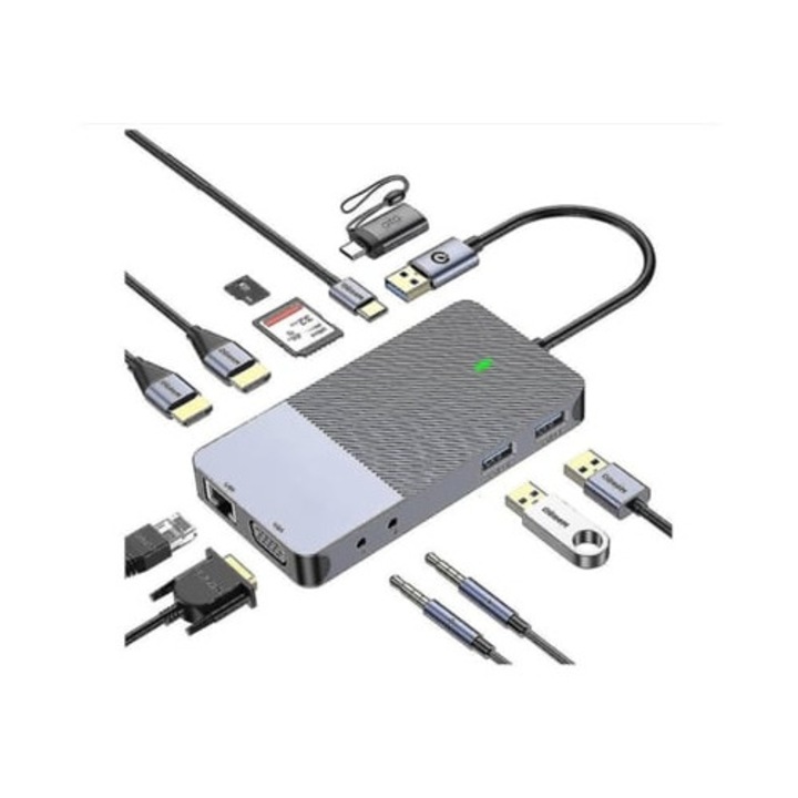 Dokkolóállomás USB C Hub 3.0 kettős HDMI és VGA kimenettel, 3 monitor támogatás