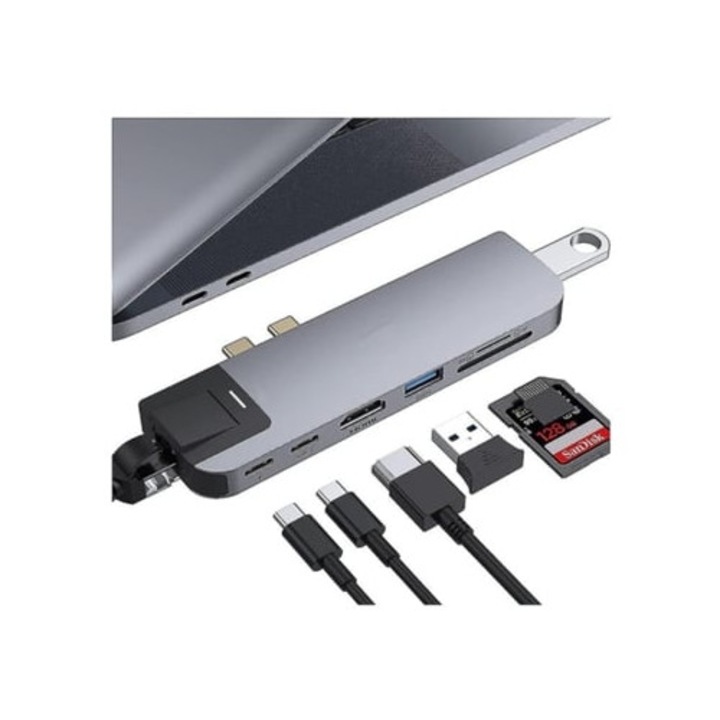 Hub USB-C 8 în 2, 4K HDMI, Thunderbolt 3, pentru MacBook Air M1 și MacBook Pro, Gusshious