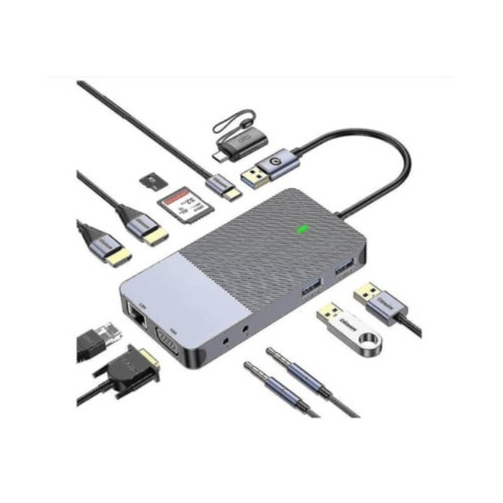 Docking Station USB-C Hub 3.0, adaptor VGA si HDMI dual, suport pentru trei monitoare, compatibilitate cu MacBook, Dell, HP, ThinkPad