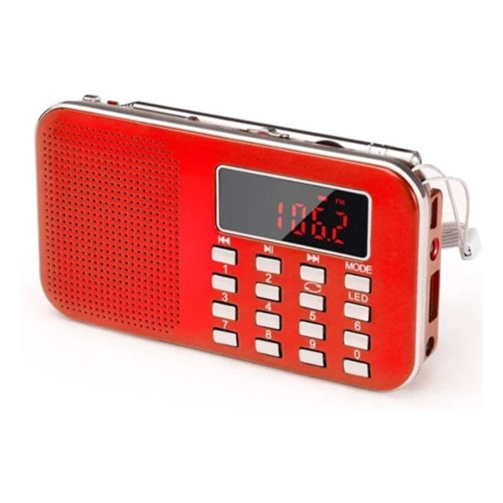 Radio portabil mini FM, LED, Micro SD/USB, acumulator reincarcabil 600 mAh