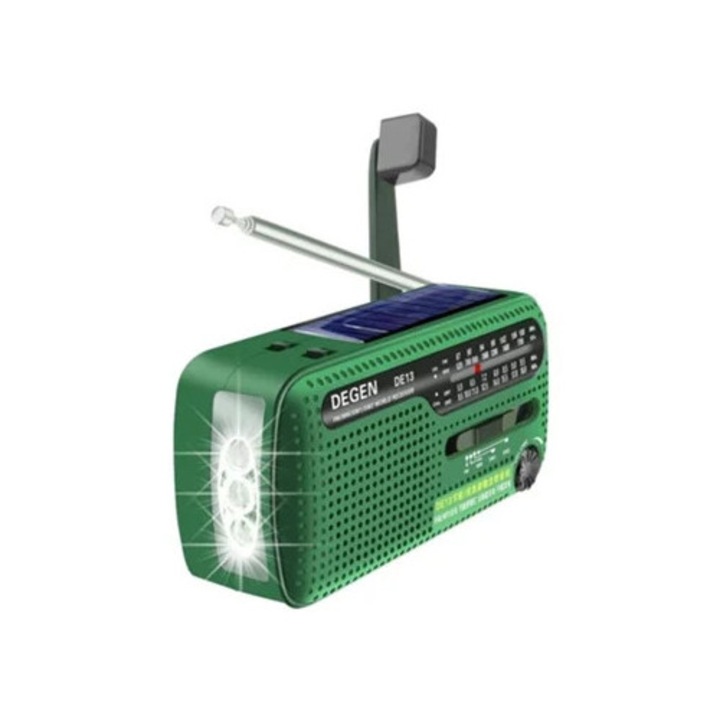 Radio de urgenta, portabil, cu baterie reincarcabila USB, lanterna LED, alimentare solara si manivela, verde